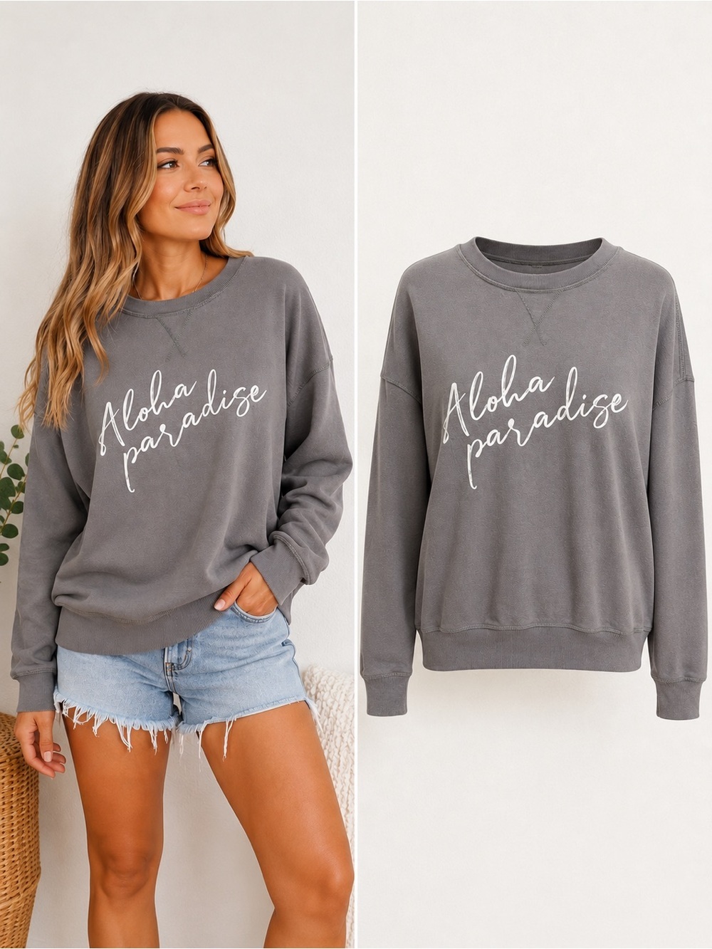 Aloha Paradise Gray Graphic Sweatshirt | Small | Cozy Beachy Pullover